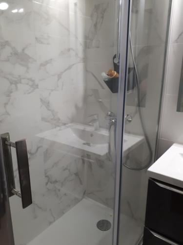 une douche avec une porte vitrée dans une salle de bain dans l'établissement Duplex, vue panoramique sur la Méditerranée, piscine, garage, à Saint-Raphaël