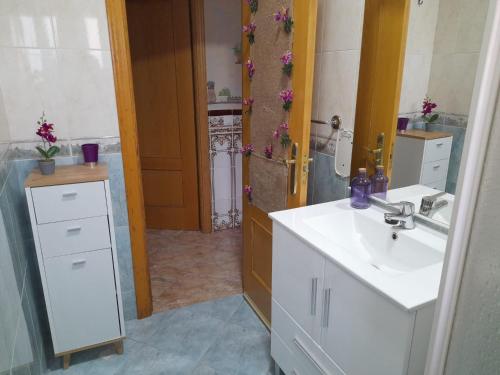 ein Badezimmer mit einem Waschbecken, einem Spiegel und einer Tür in der Unterkunft Alojamiento Castelar in Sotillo de la Adrada