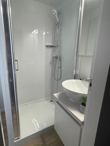a white bathroom with a shower and a sink at Mobile Home BARTOL de LUX in Biograd na Moru