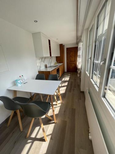 cocina con mesa y sillas en una habitación en Moderne einzigartige Wohnung in Altdorf, en Altdorf