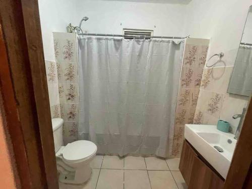a bathroom with a toilet and a shower curtain at Large 5 Bedrooms Home in Bayamon Puerto Rico in Bayamon