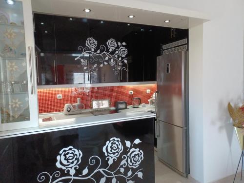Il comprend une cuisine équipée d'un réfrigérateur et d'une fenêtre. dans l'établissement Deluxe Sophia`s Penthouse Apartment, à Karpathos