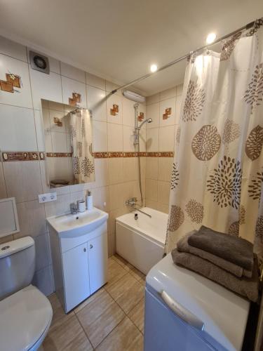 een badkamer met een toilet, een wastafel en een douche bij Zvejnieku Alejas Apartment in Liepāja