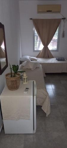 a bedroom with two beds and a table with a plant at La Escala in Corrientes