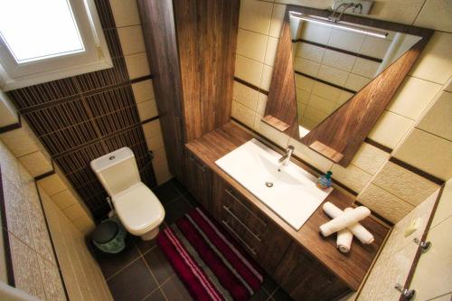 a small bathroom with a sink and a toilet at Fotis Resort in Iraklitsa