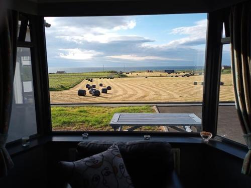 a window with a view of a field with a bench at Horizon View Portstewart Tourist Board approved in Portstewart