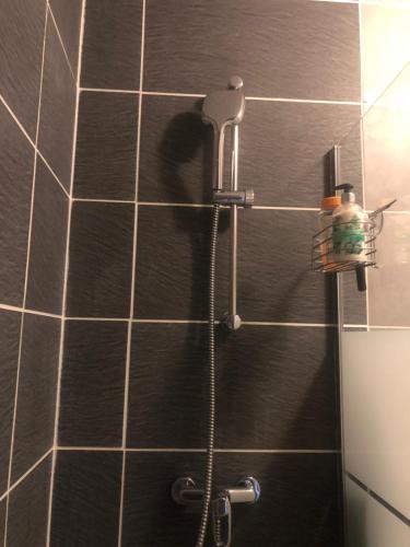 a shower with a shower head on a tiled wall at Happy studio 64 St louis in Saint-Louis