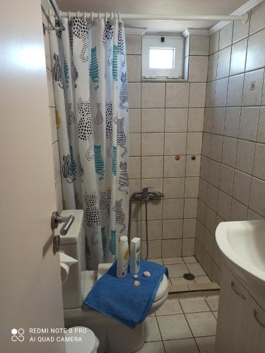 a bathroom with a shower with a toilet and a blue towel at ENDLESS BLUE in Gerokampos Beach