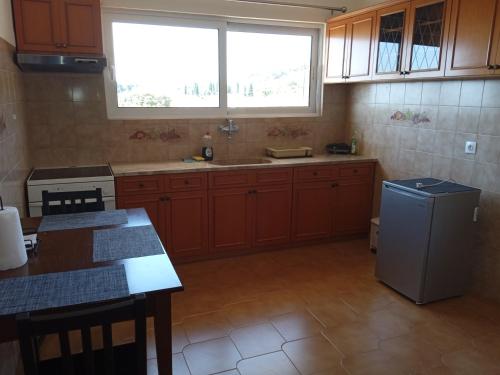 una cocina con fregadero y una ventana. en Nereids Apartments-Agavi, en Petalidi