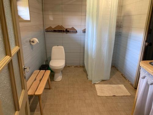 a small bathroom with a toilet and a shower at Kakusoo õuemaja Piusa lähistel in Hanikase