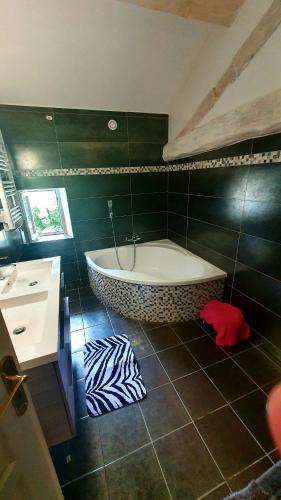 La salle de bains est pourvue d'une baignoire dans un mur vert. dans l'établissement Maison de charme, à Pont-du-Casse