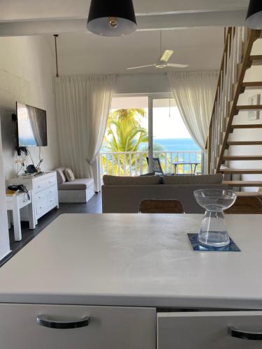 a kitchen and living room with a view of the ocean at Vista Mare Samana Amazing Views!! in Santa Bárbara de Samaná