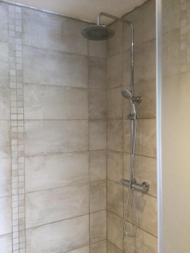 a shower with a shower head in a bathroom at Larrondoa maison in Saint-Esteben