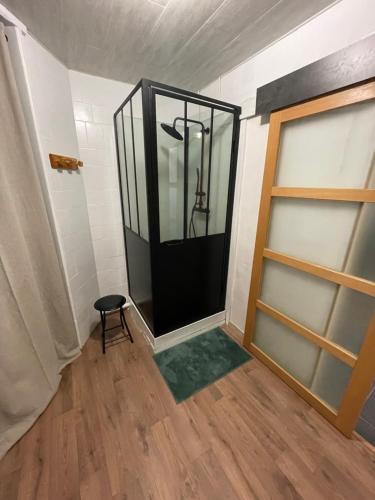 a shower in a room with a glass door at Appartement proche des remparts et tous commerces. in Montreuil-sur-Mer