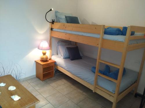 ein Zimmer mit zwei Etagenbetten und einem Tisch in der Unterkunft Les Terrasses, gîtes en Cévennes in Saint-Jean-de-Valériscle