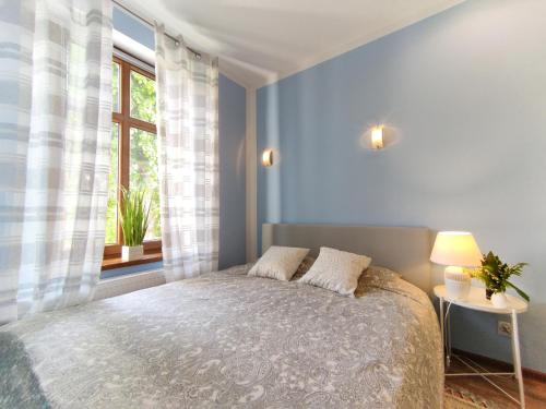 een slaapkamer met een bed en een raam bij Apartament Kominek in Giżycko