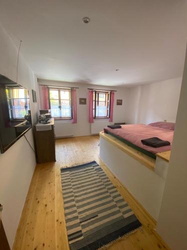 a bedroom with a large bed and a rug at Chalupa Svojanov in Svojanov