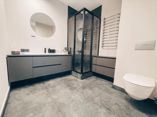 a bathroom with a shower and a toilet and a sink at Pavasario g. apartamentai in Mažeikiai