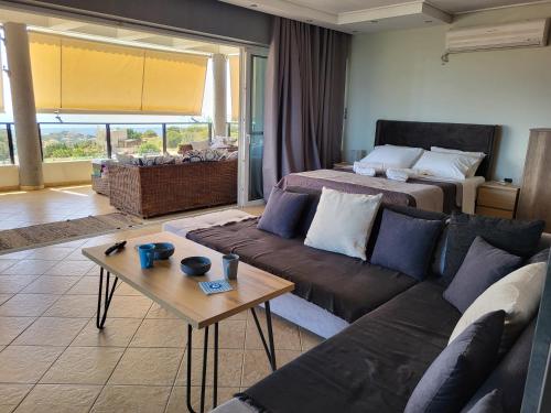 un soggiorno con divano e letto di ''Stergiou Luxury Apartment 2nd Floor'' με κοινη πισινα a Saronida