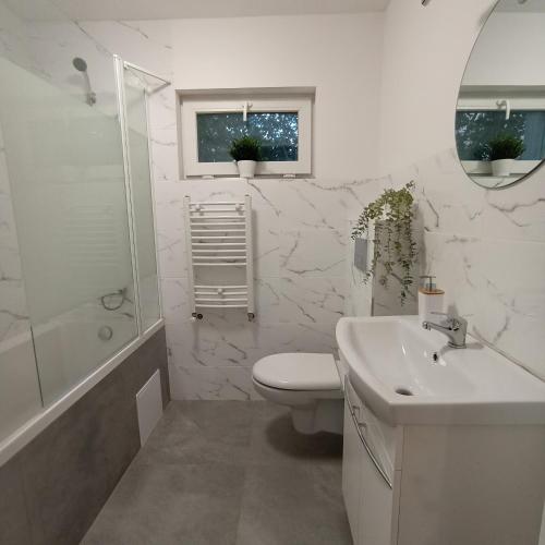 a white bathroom with a toilet and a sink at Apartament Pod Bzem Puck in Puck
