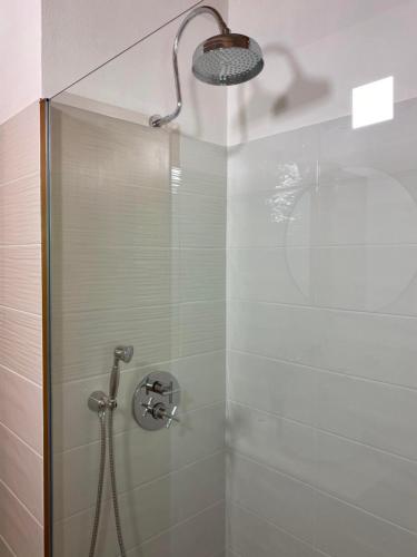 baño con ducha y puerta de cristal en LeonardosHome RockStairs, en Trarego