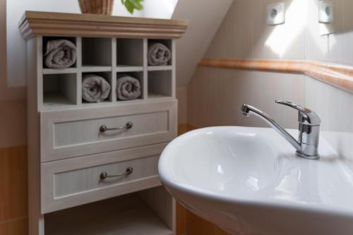 a bathroom with a sink and a white cabinet with roses at Chalupa Bišík in Teplice nad Metují