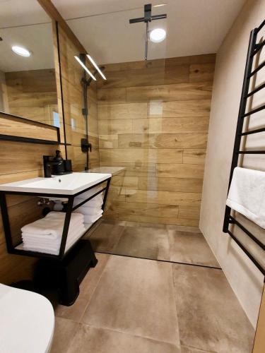 a bathroom with a sink and a wooden wall at Panorama Lofts Pec in Pec pod Sněžkou