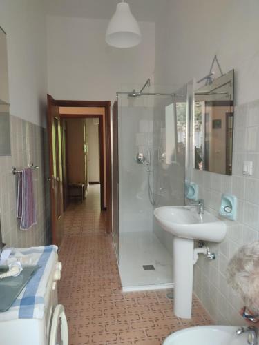 a bathroom with a sink and a glass shower at La casa di GB in Pieve di Teco