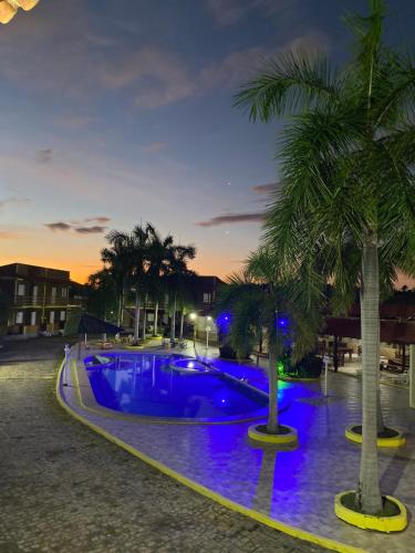 a swimming pool with palm trees and blue lights at Chalé Temporada Porto dos Lençóis - Lençóis Maranhenses in Barreirinhas