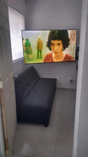a couch in a room with a tv on the wall at A 5 minutos GNP Hostal Foro Sol Palacio Deportes Aeropuerto A PET FRIENDLY se aceptan mascotas bajo peticion in Mexico City