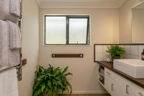 a bathroom with a sink and a window at Lupin Lodge Bed & Breakfast in Taupo