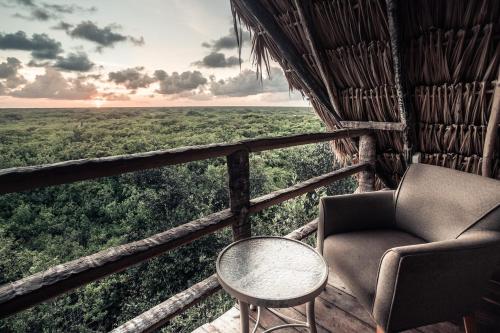 una sedia e un tavolo in una camera con vista di Hidden Treehouse Tulum Eco-Hotel a Tulum