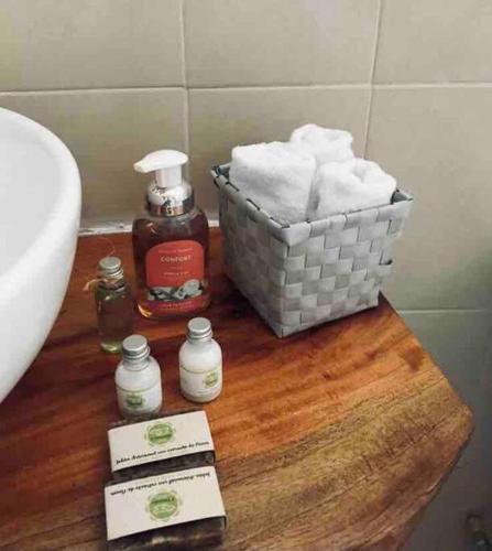 a bathroom with a sink and a basket of towels at Encantadora Villa Maya tradicional en Rancho Agroecologico in Tzucaceb