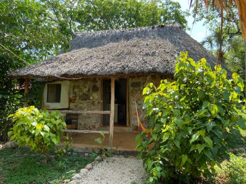 a small stone house with a thatch roof at Encantadora Villa Maya tradicional en Rancho Agroecologico in Tzucaceb