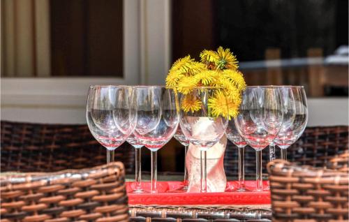 a group of wine glasses sitting on top of a table at Poolhaus 1 In Hohendorf in Hohendorf