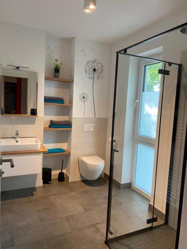 uma casa de banho com um WC, um lavatório e um chuveiro em apartments-like-home-199 Mahlow em Mahlow