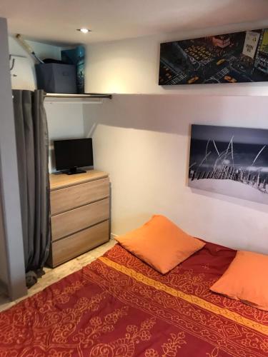 - une chambre avec un lit et une commode avec une télévision dans l'établissement Le jardin, à Aix-en-Provence