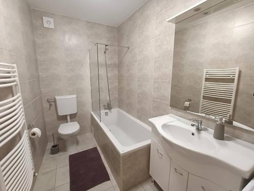 La salle de bains est pourvue d'un lavabo, d'une baignoire et de toilettes. dans l'établissement La Pablito, à Mediaş