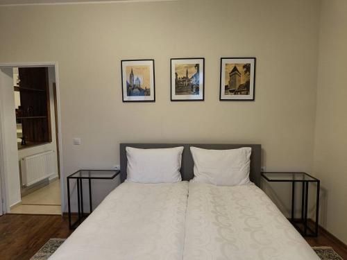 - une chambre dotée d'un lit avec 3 photos sur le mur dans l'établissement La Pablito, à Mediaş