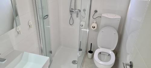 a white bathroom with a shower and a toilet at Apartments Orlić in Sali