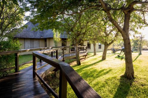 a wooden boardwalk in front of a house with trees at Makumu Private Game Lodge in Klaserie Private Nature Reserve
