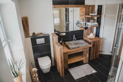 a bathroom with a sink and a toilet at Landhaus Theresia in Maria Alm am Steinernen Meer