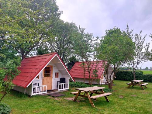 a cabin with a red roof and a picnic table at Slaaphutje BuitenWedde Westerwolde in Wedde