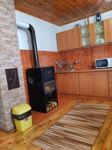 a kitchen with a wood stove in a room at Apartments Sipcic in Žabljak