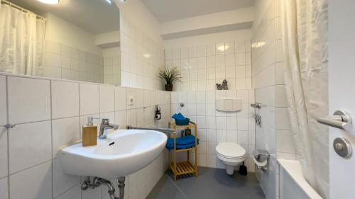 SahlenburgにあるFerienwohnung Nordseebrandung D1.1の白いバスルーム(洗面台、トイレ付)