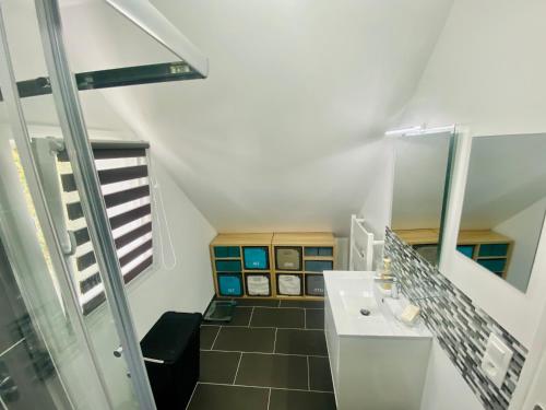 a bathroom with a sink and a mirror at Ramonette House in Le Palais