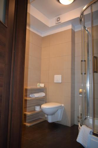 La salle de bains est pourvue d'une douche et de toilettes. dans l'établissement Hotel Alpex, à Zabrze