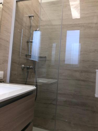 a shower with a glass door next to a sink at Salento Appartamento Sole in Marina di Mancaversa