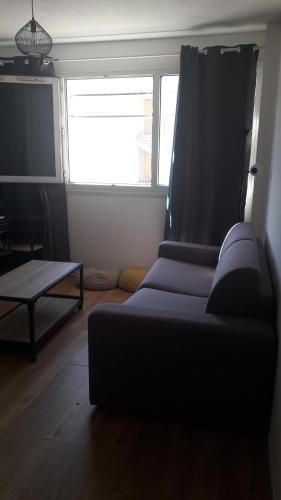 ein Wohnzimmer mit einem Sofa und einem Fenster in der Unterkunft JOLI PETIT STUDIO A PROXIMITE DES ARCEAUX, MONTPELLIER. in Montpellier