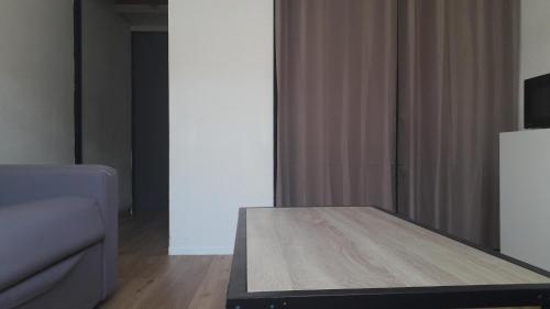 ein Wohnzimmer mit einem Tisch und einem Sofa in der Unterkunft JOLI PETIT STUDIO A PROXIMITE DES ARCEAUX, MONTPELLIER. in Montpellier